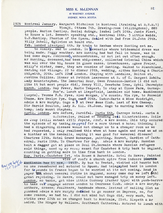 Katharine McLennan's Diary